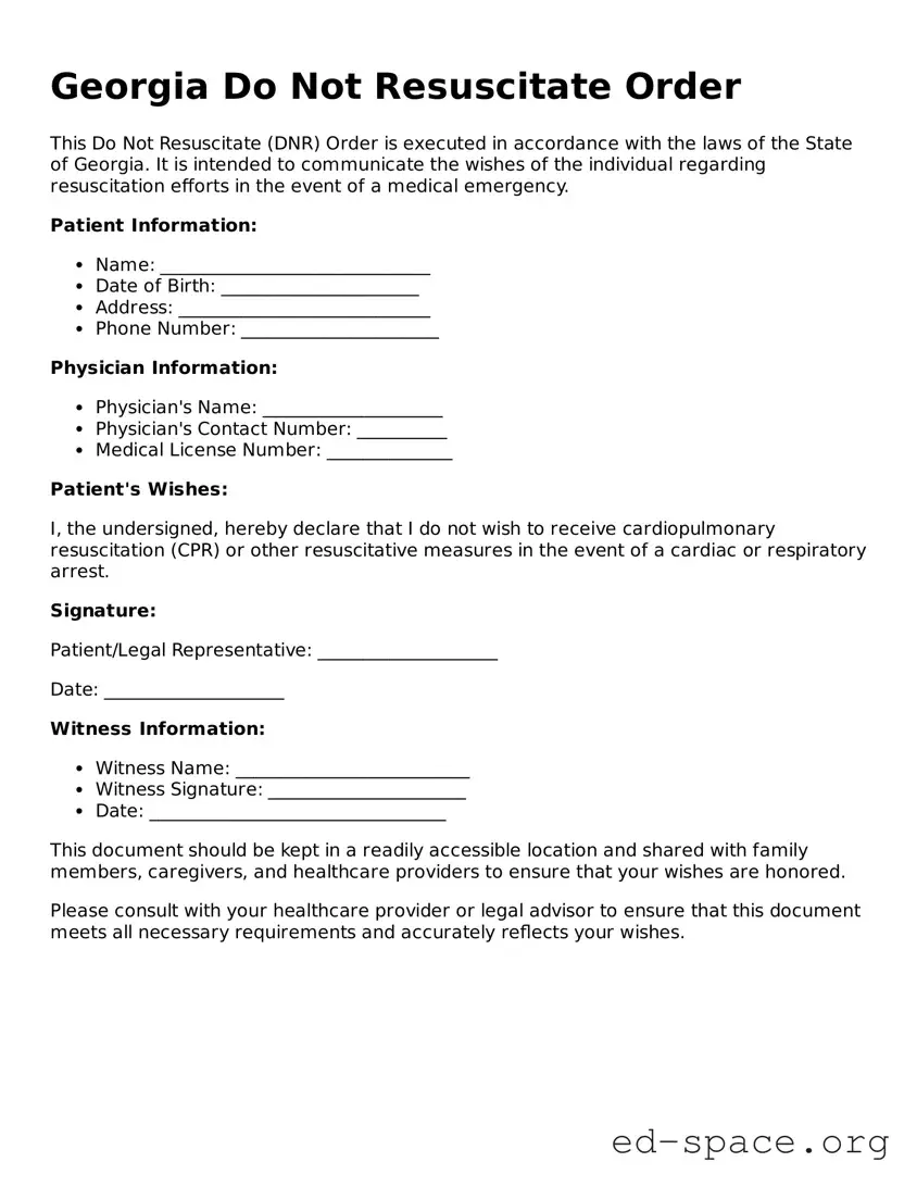 Free  Do Not Resuscitate Order Form for Georgia