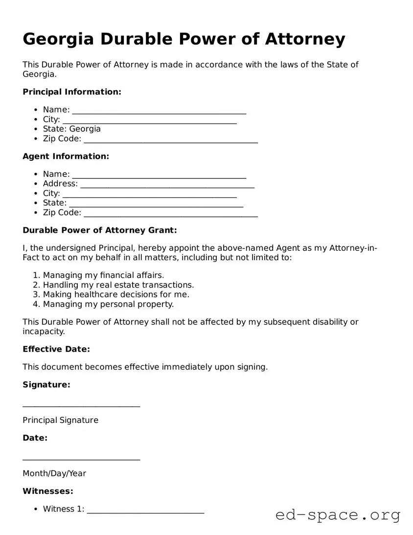 Free  Durable Power of Attorney Form for Georgia
