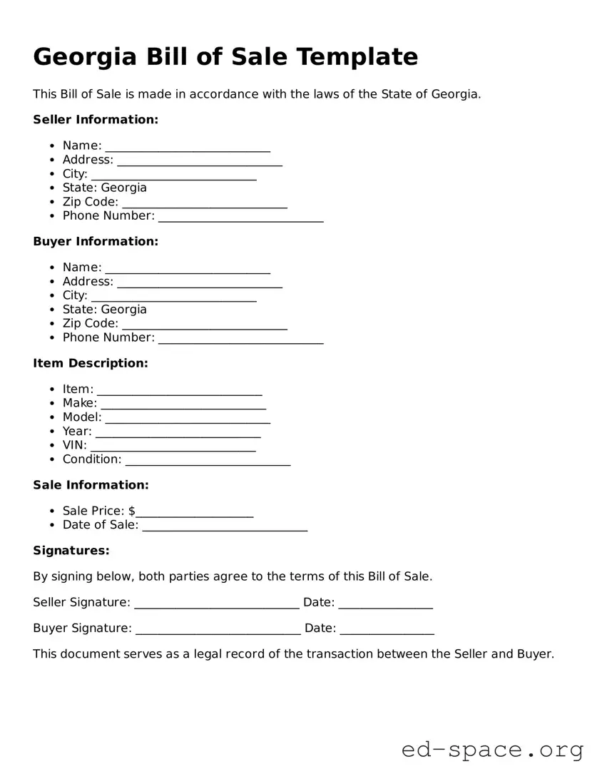 Free  Bill of Sale Form for Georgia