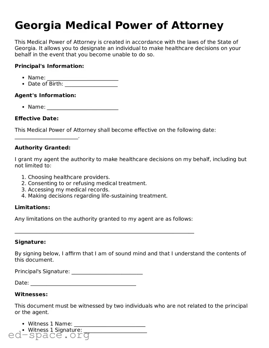 Free  Medical Power of Attorney Form for Georgia