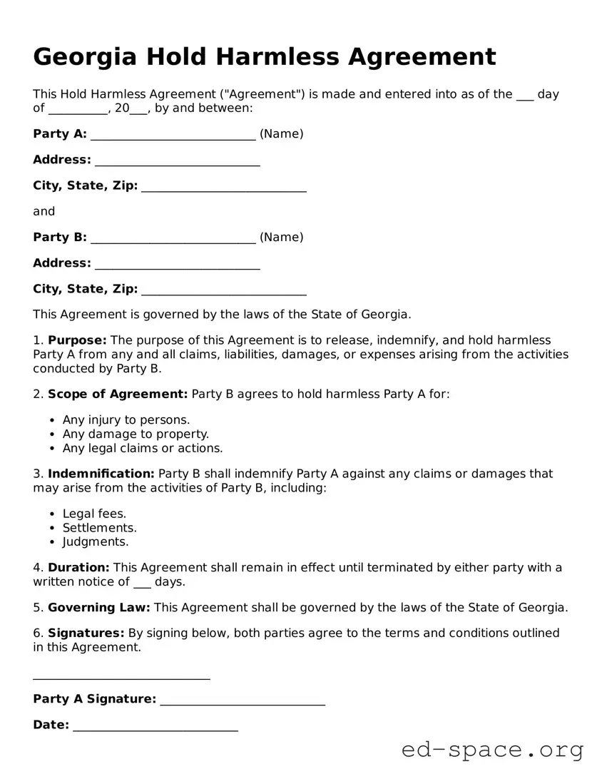 Free  Hold Harmless Agreement Form for Georgia