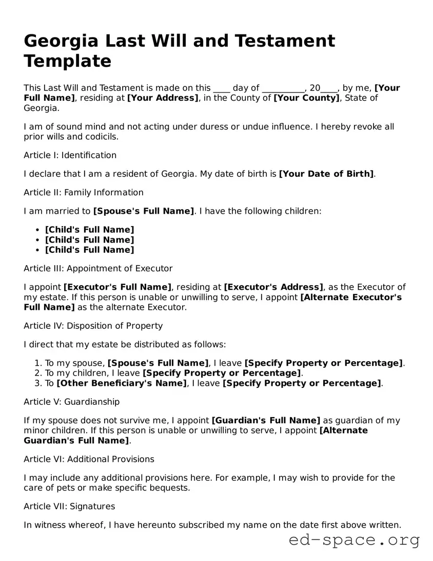 Free  Last Will and Testament Form for Georgia