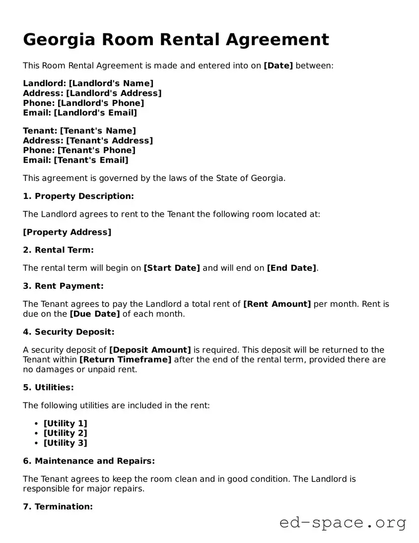 Free  Room Rental Agreement Form for Georgia