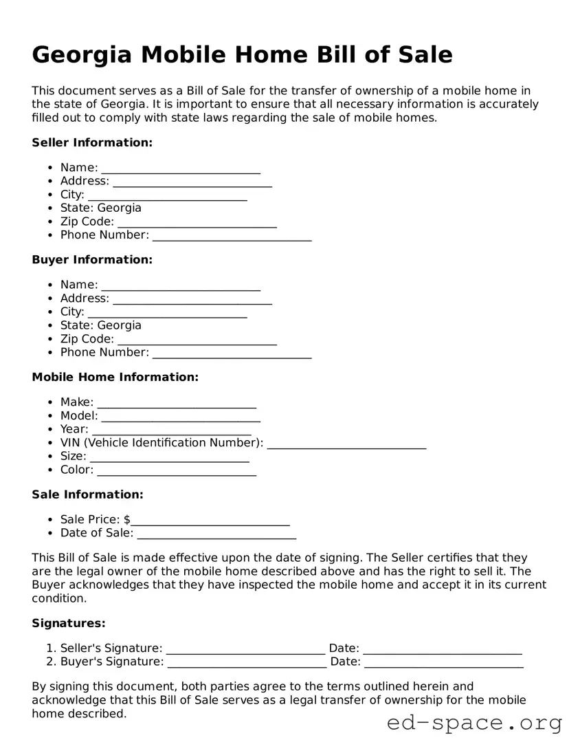 Free  Mobile Home Bill of Sale Form for Georgia