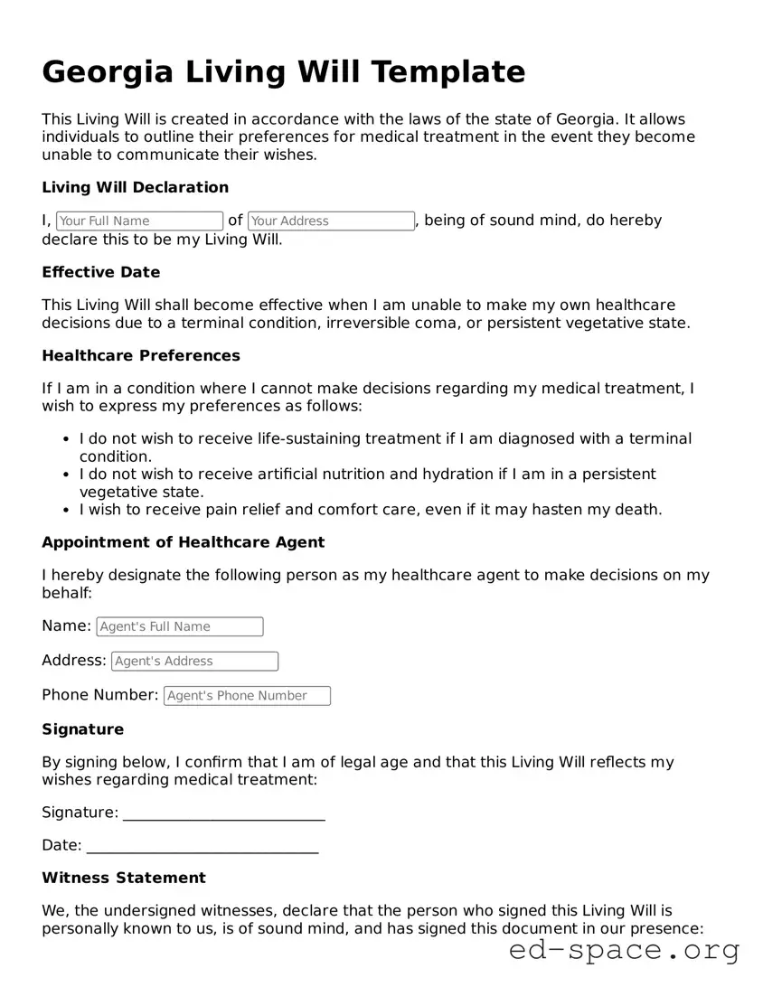 Free  Living Will Form for Georgia