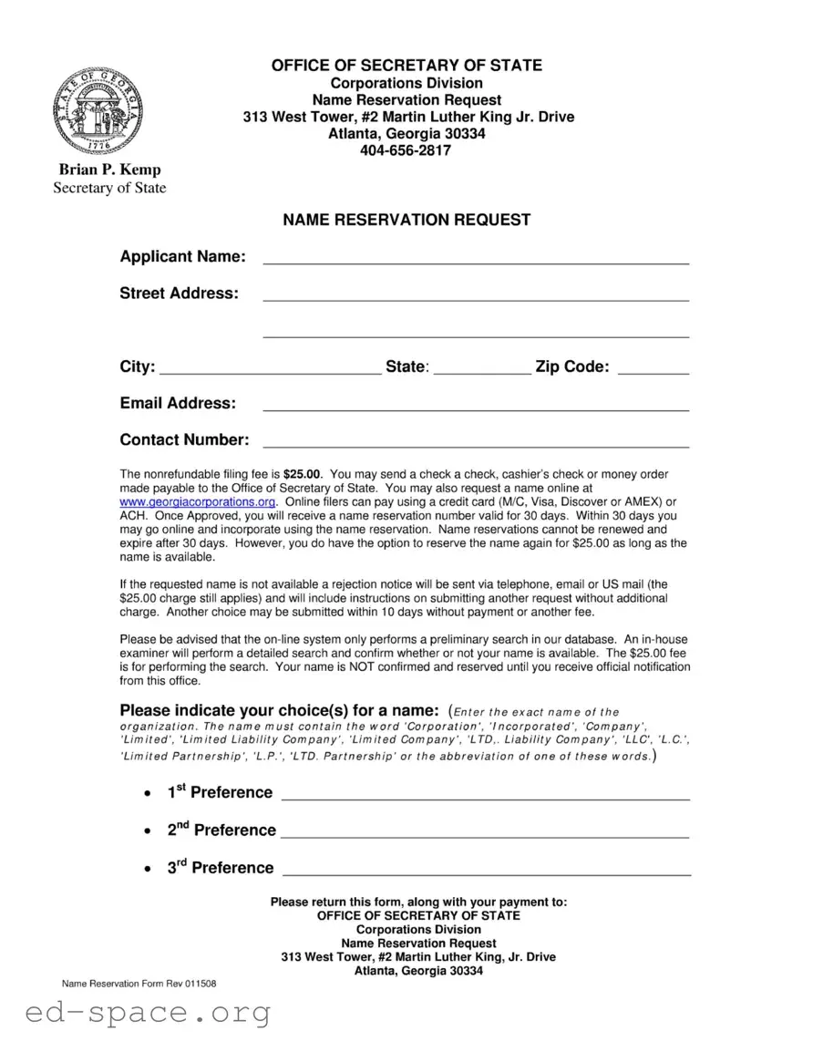 Blank Georgia Name Reservation PDF Form