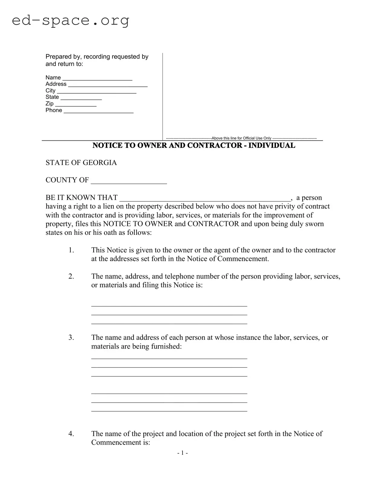 Blank Notice To Owner Georgia PDF Form