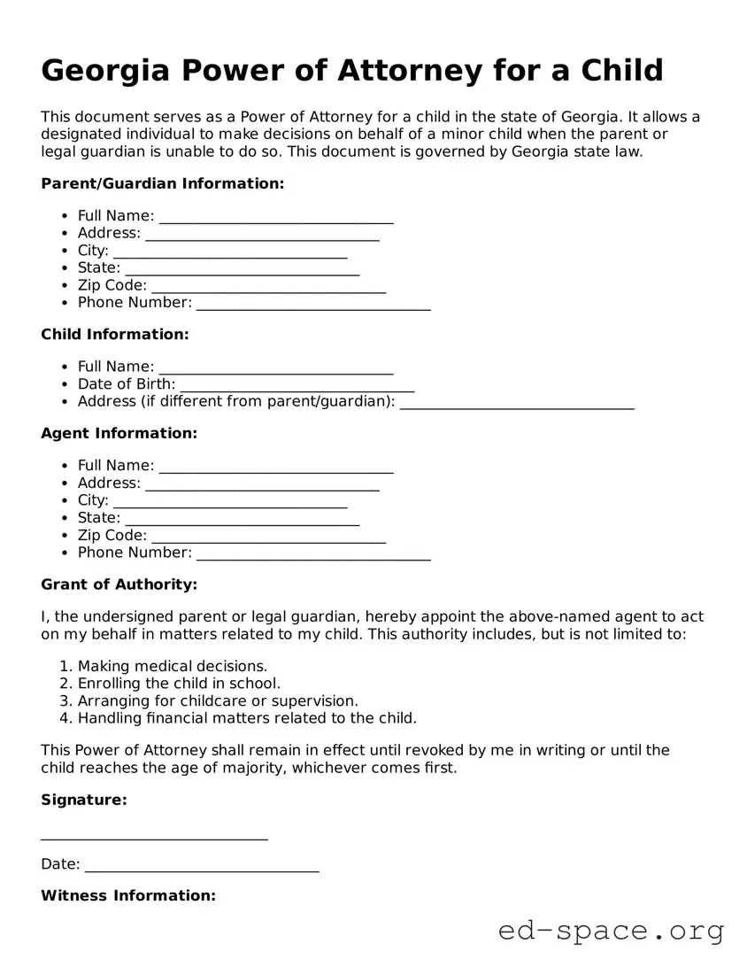 Free  Power of Attorney for a Child Form for Georgia