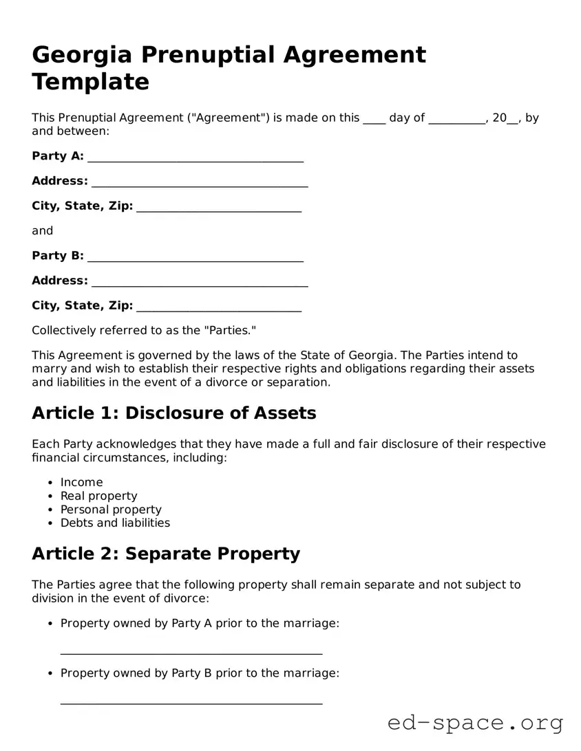 Free  Prenuptial Agreement Form for Georgia