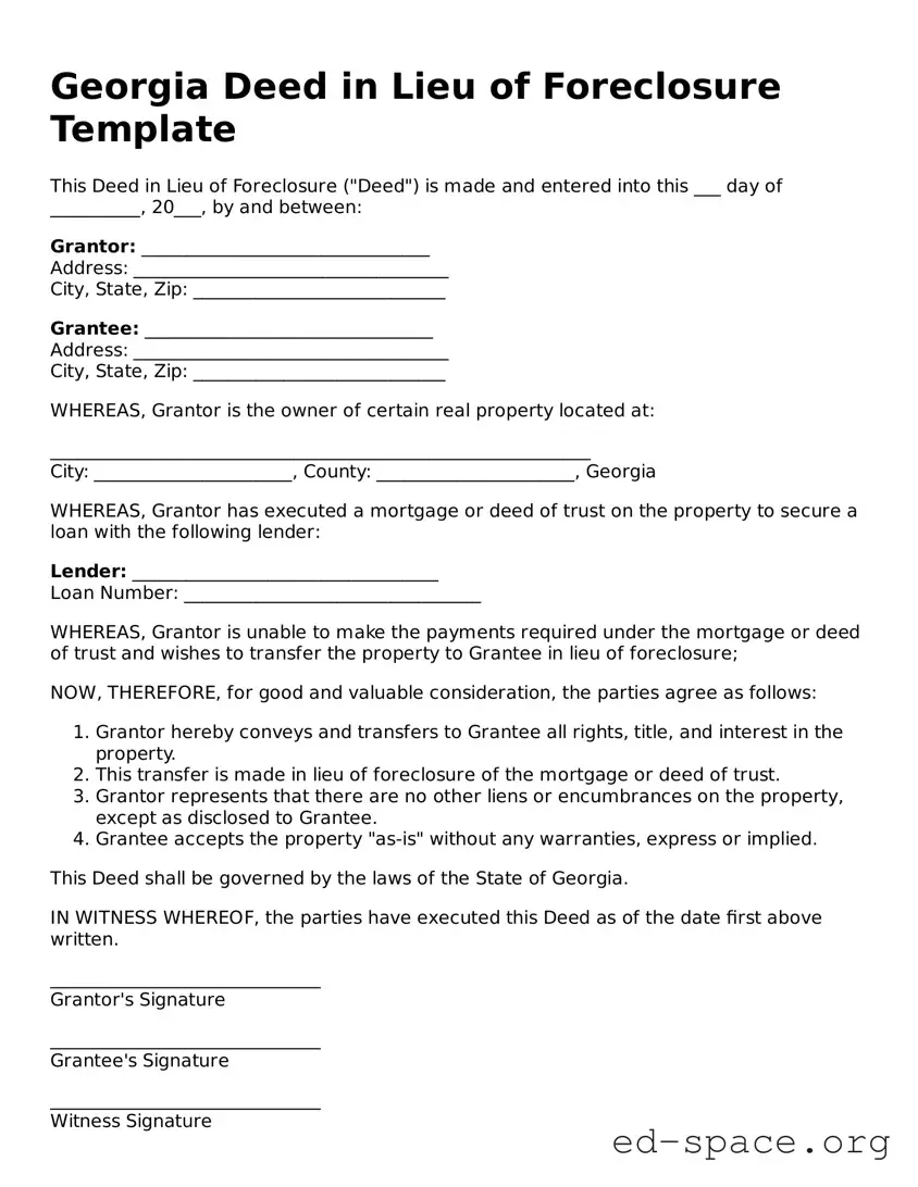 Free  Deed in Lieu of Foreclosure Form for Georgia