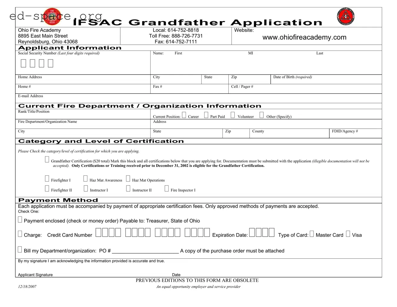 Blank Ohio Ifsac Grandfather Application PDF Form