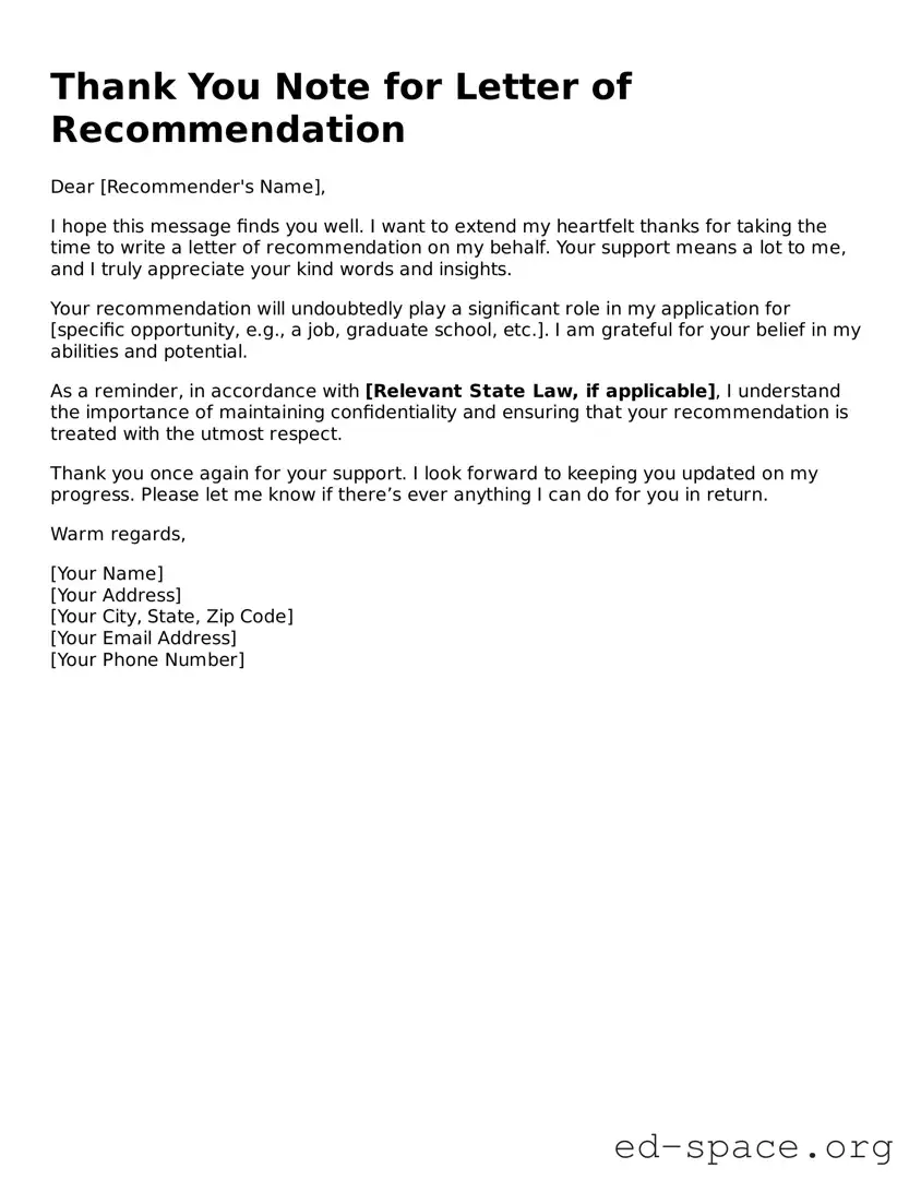 Fillable Thank You Note for a Letter of Recommendation Template