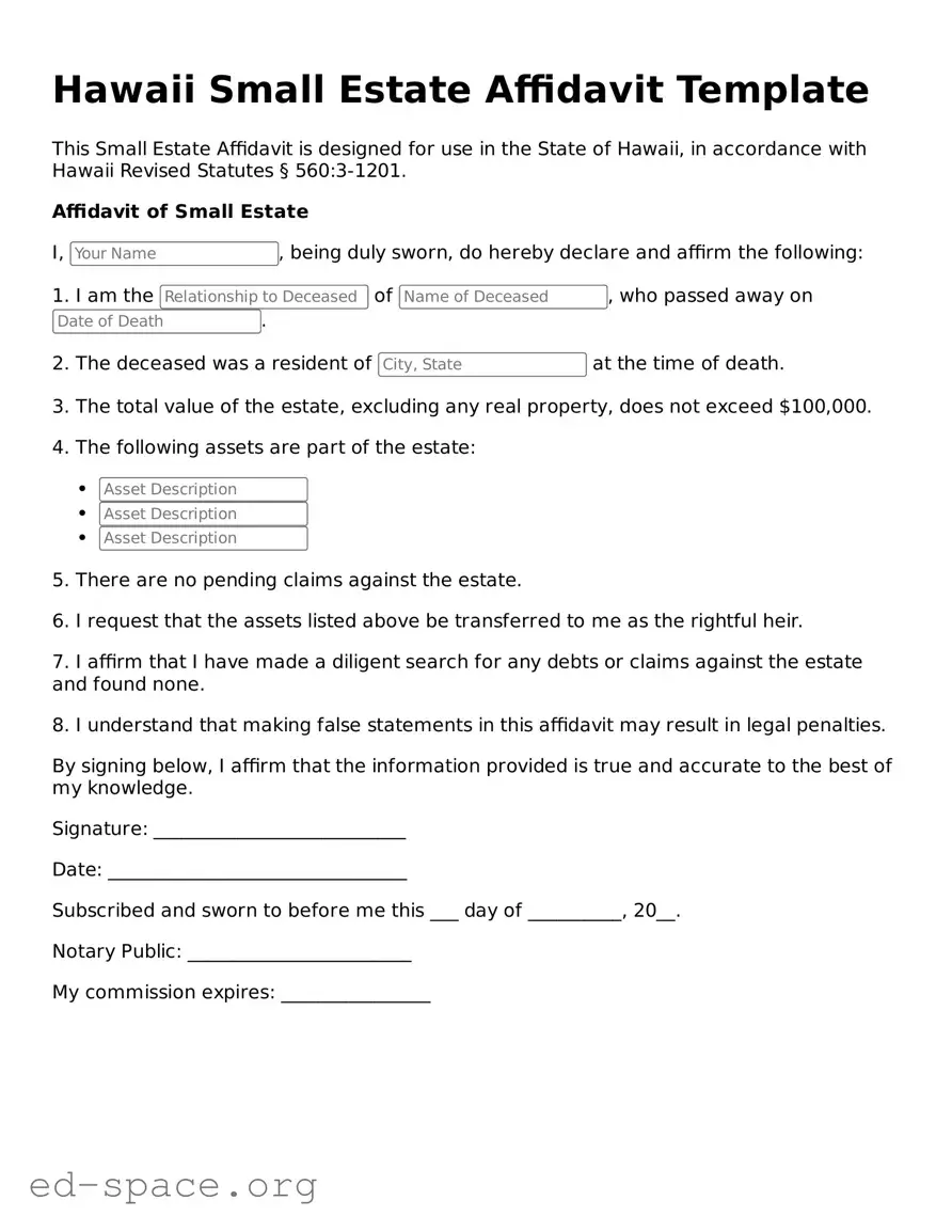 Free  Small Estate Affidavit Form for Hawaii