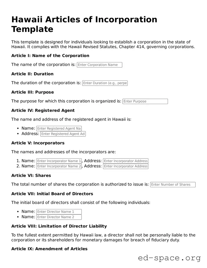 Free  Articles of Incorporation Form for Hawaii