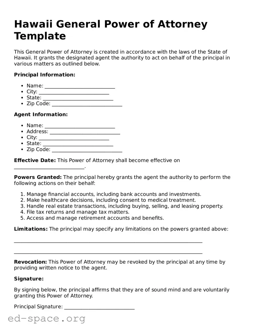 Free  General Power of Attorney Form for Hawaii