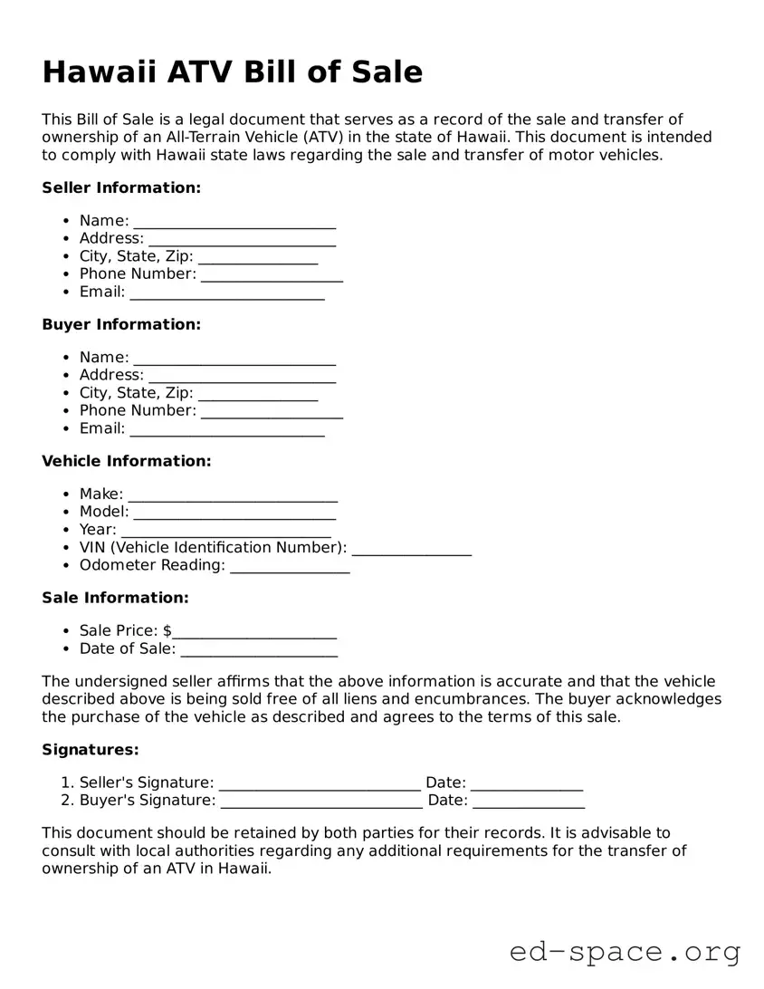 Free  ATV Bill of Sale Form for Hawaii