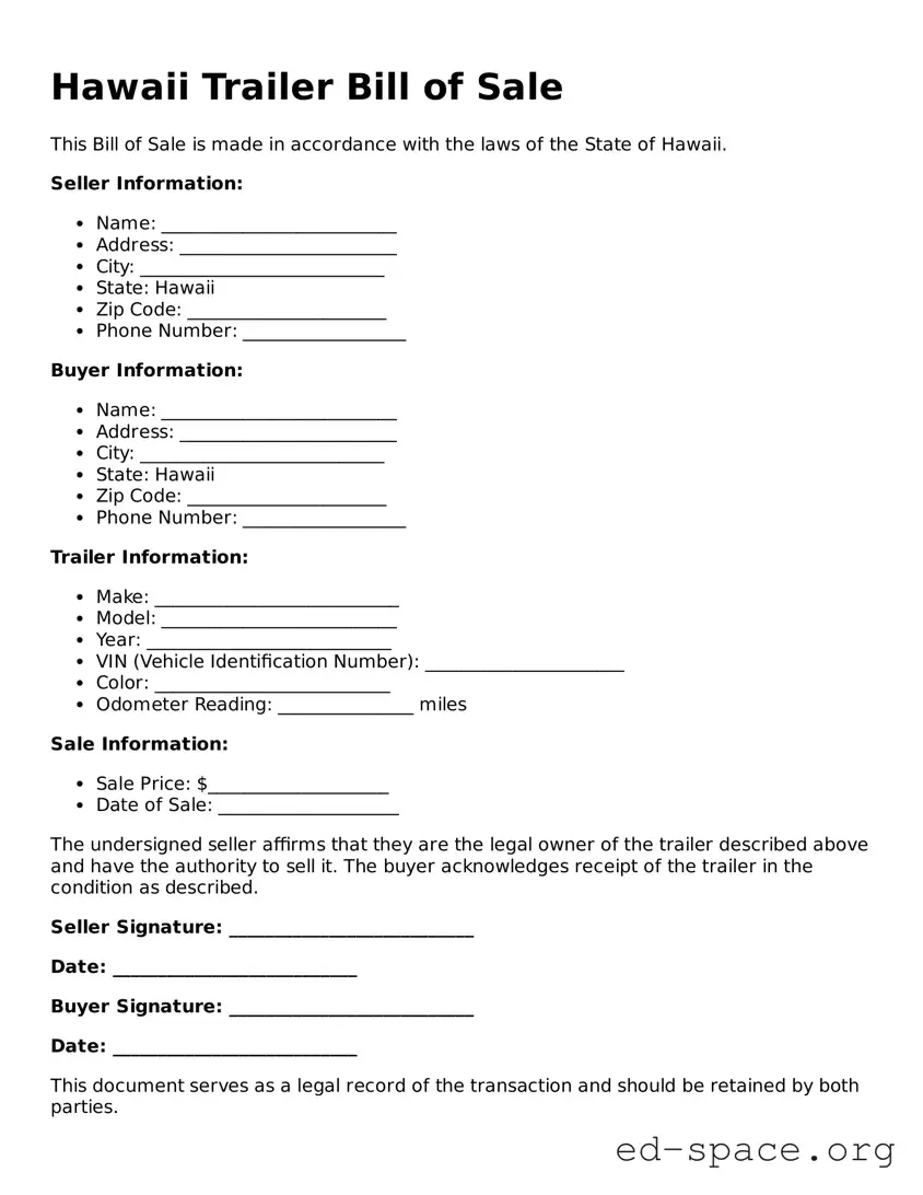 Free  Trailer Bill of Sale Form for Hawaii