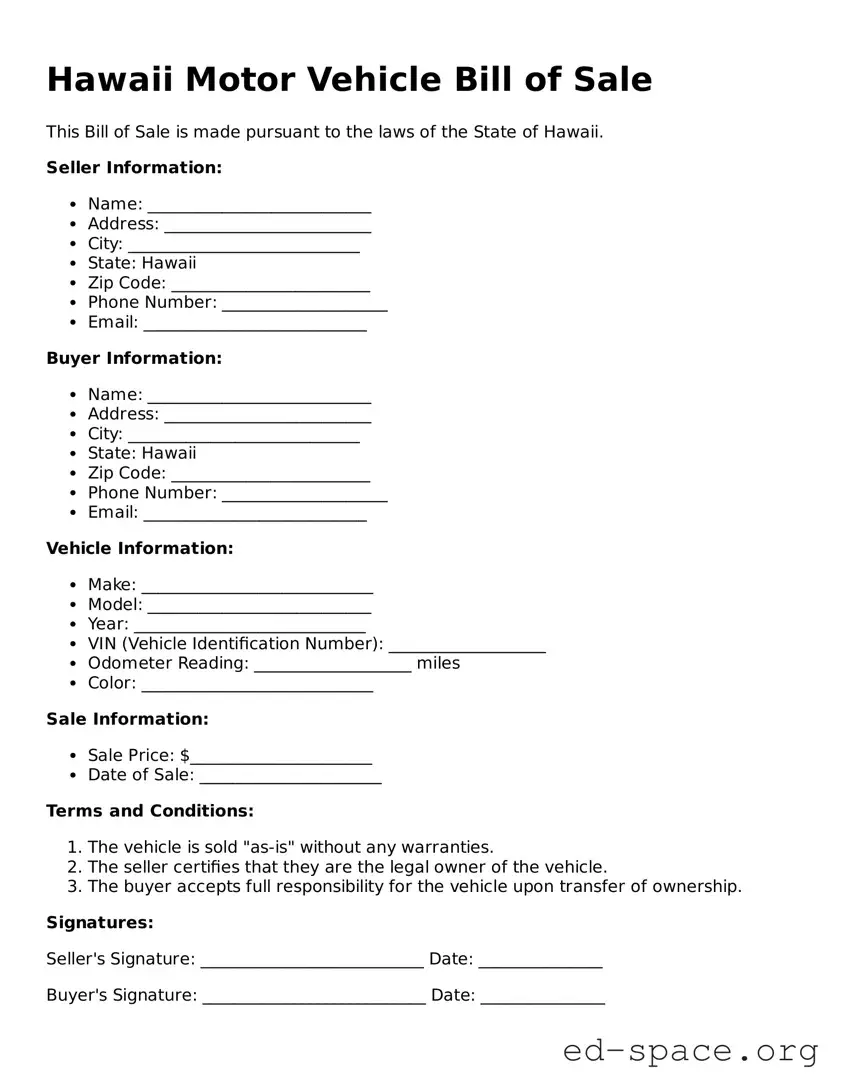 Free  Motor Vehicle Bill of Sale Form for Hawaii