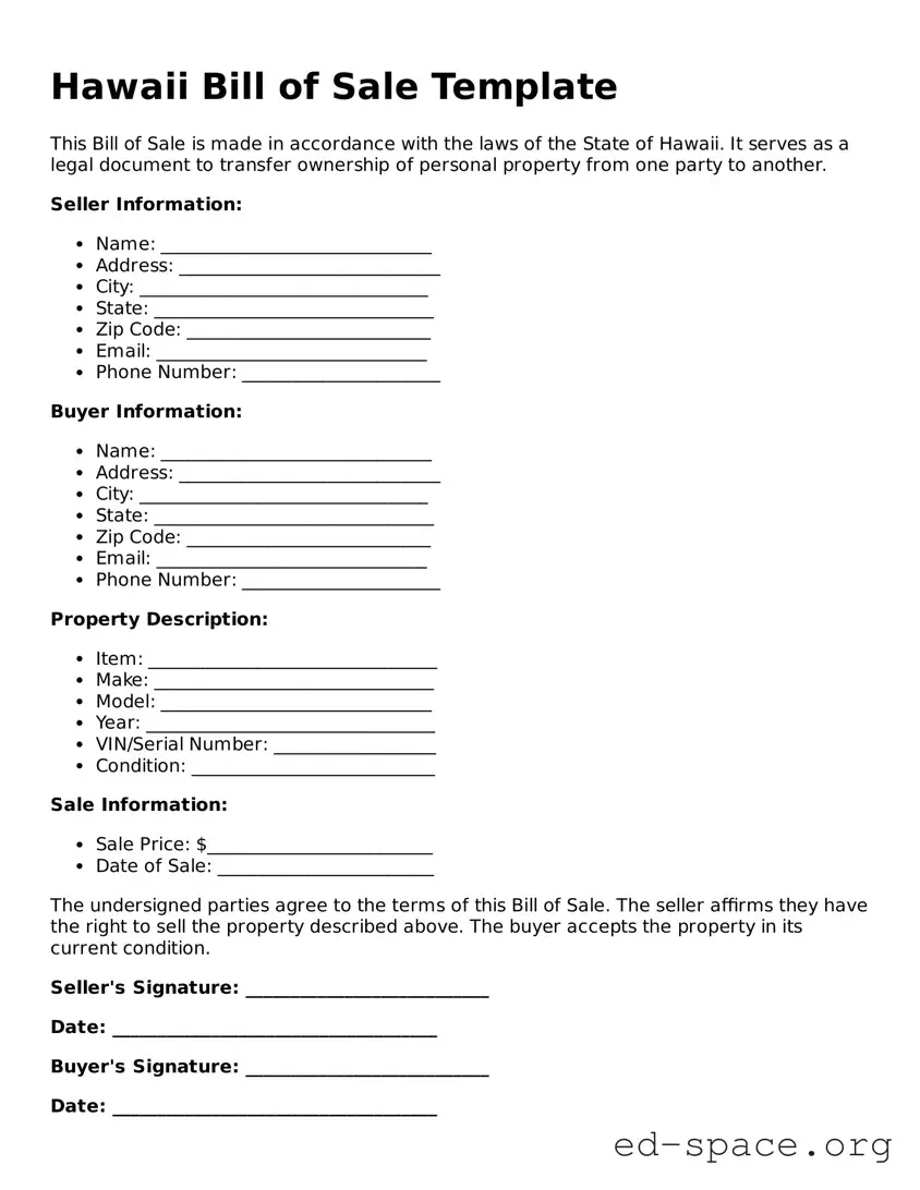 Free  Bill of Sale Form for Hawaii