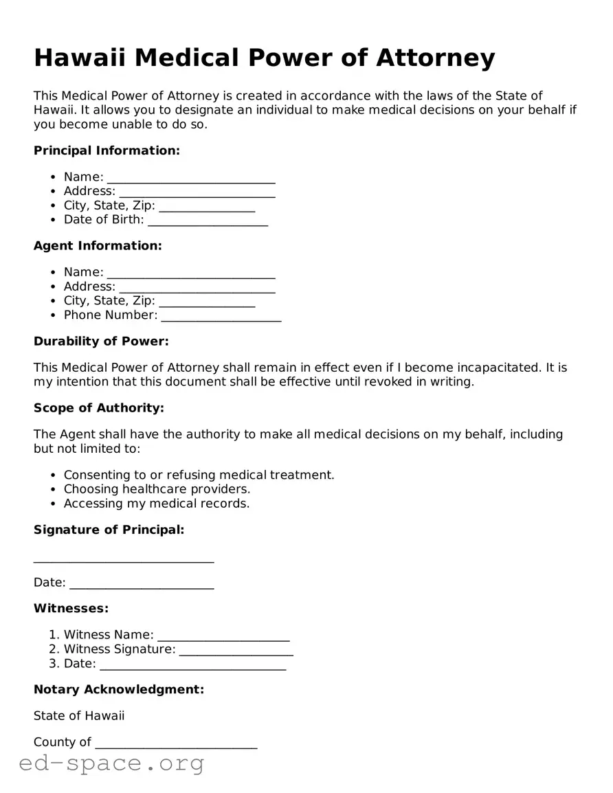 Free  Medical Power of Attorney Form for Hawaii