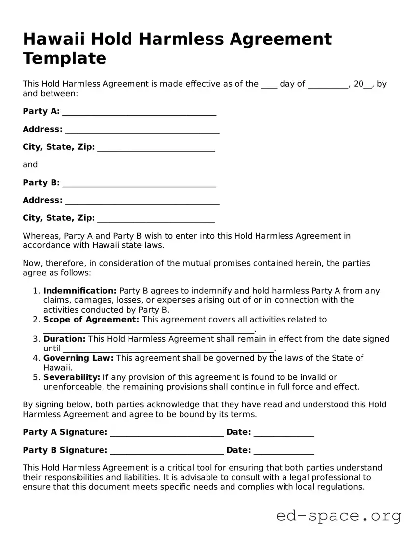Free  Hold Harmless Agreement Form for Hawaii