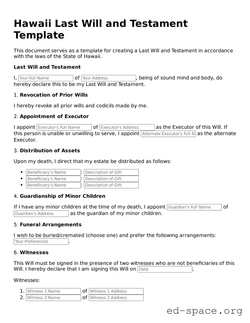 Free  Last Will and Testament Form for Hawaii