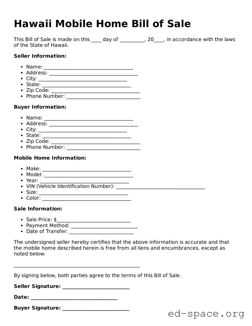 Free  Mobile Home Bill of Sale Form for Hawaii