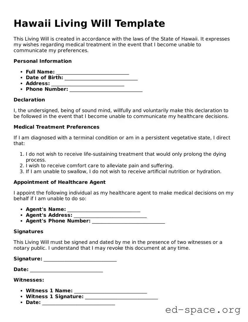 Free  Living Will Form for Hawaii