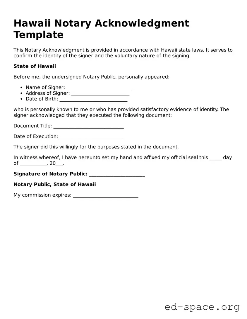 Free  Notary Acknowledgement Form for Hawaii