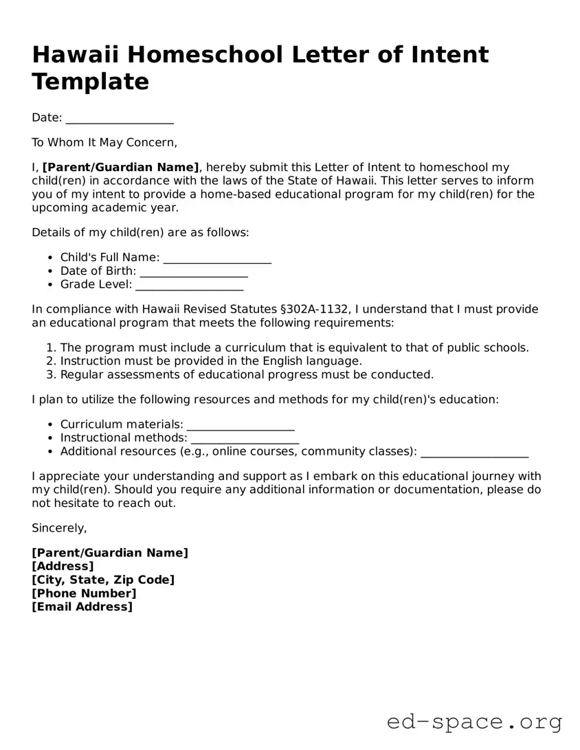 Free  Homeschool Letter of Intent Form for Hawaii