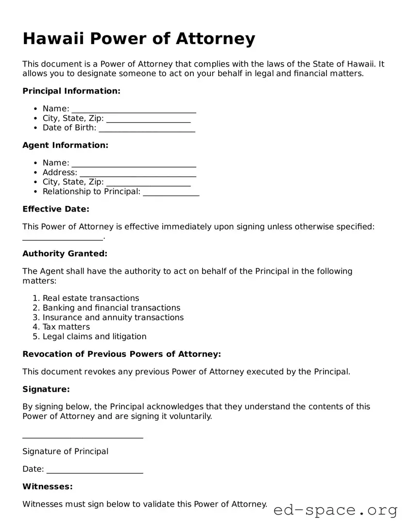 Free  Power of Attorney Form for Hawaii