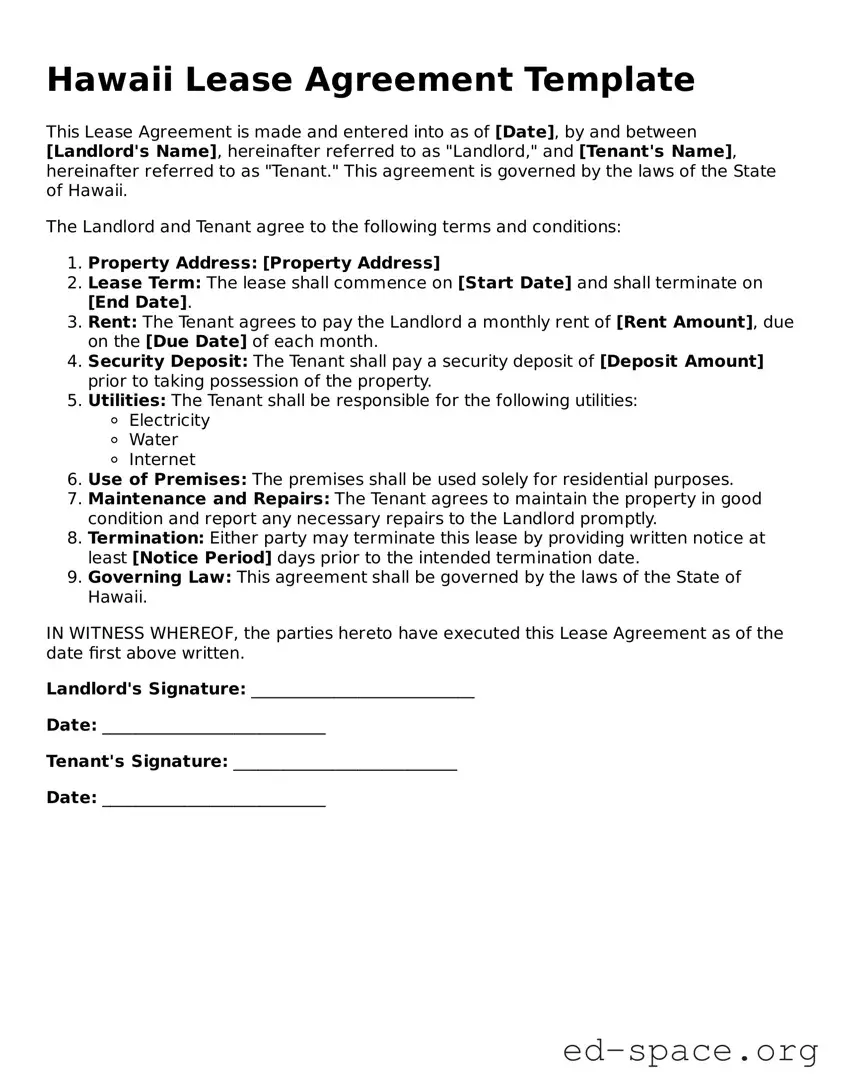 Free  Lease Agreement Form for Hawaii