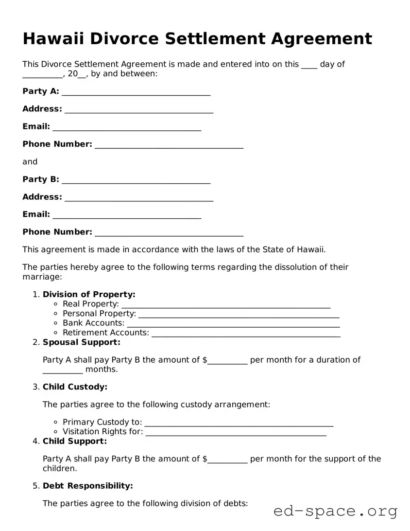 Free  Divorce Settlement Agreement Form for Hawaii