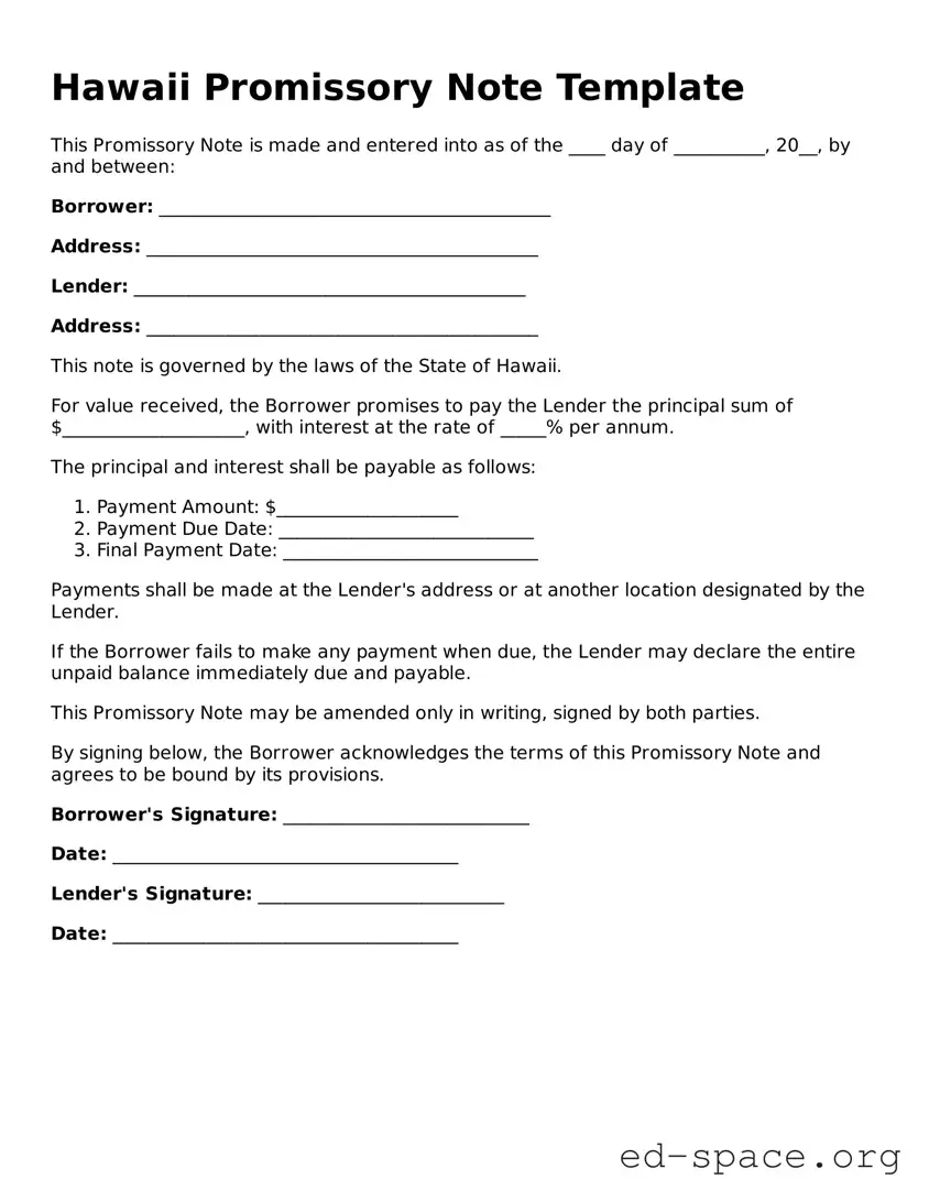 Free  Promissory Note Form for Hawaii