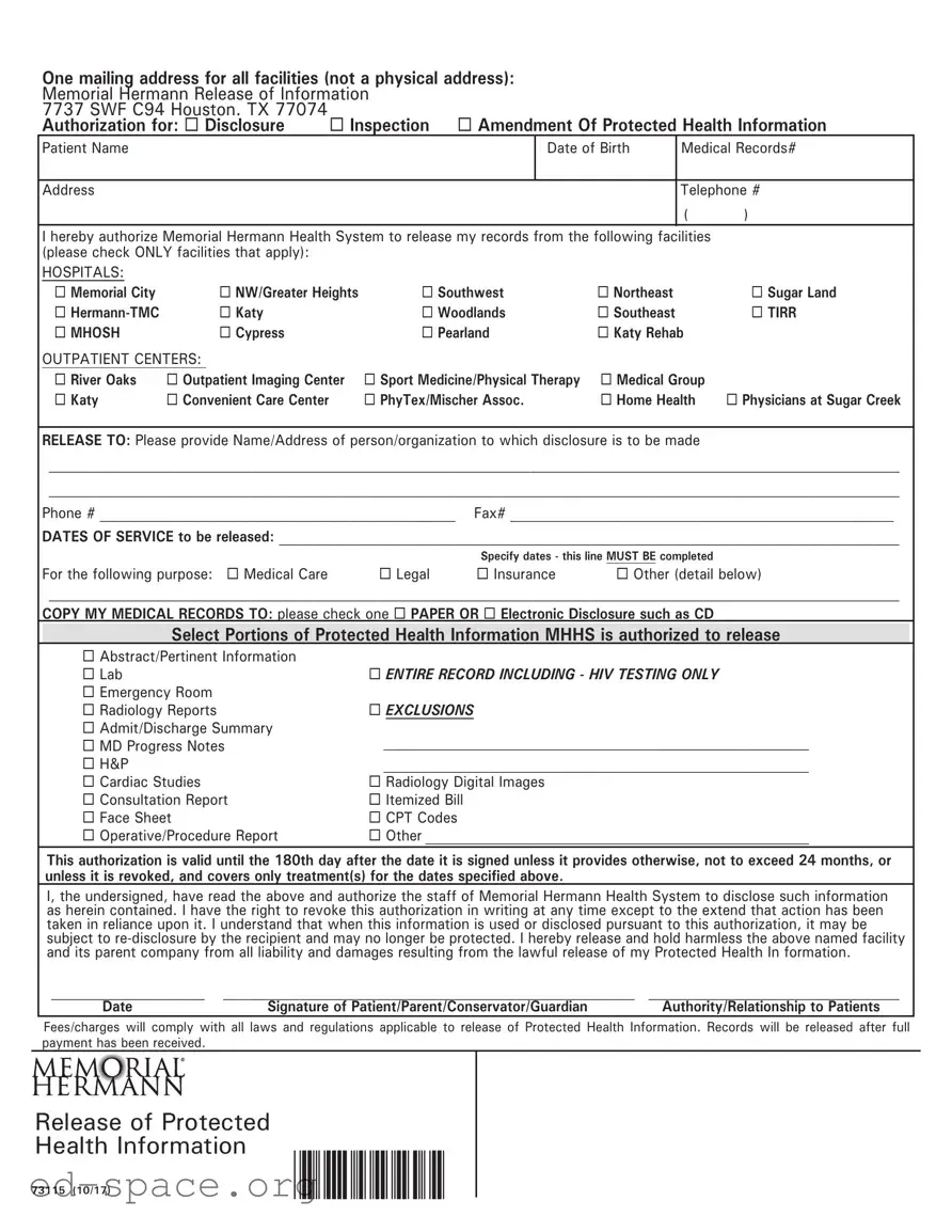 Blank Memorial Hermann Release PDF Form