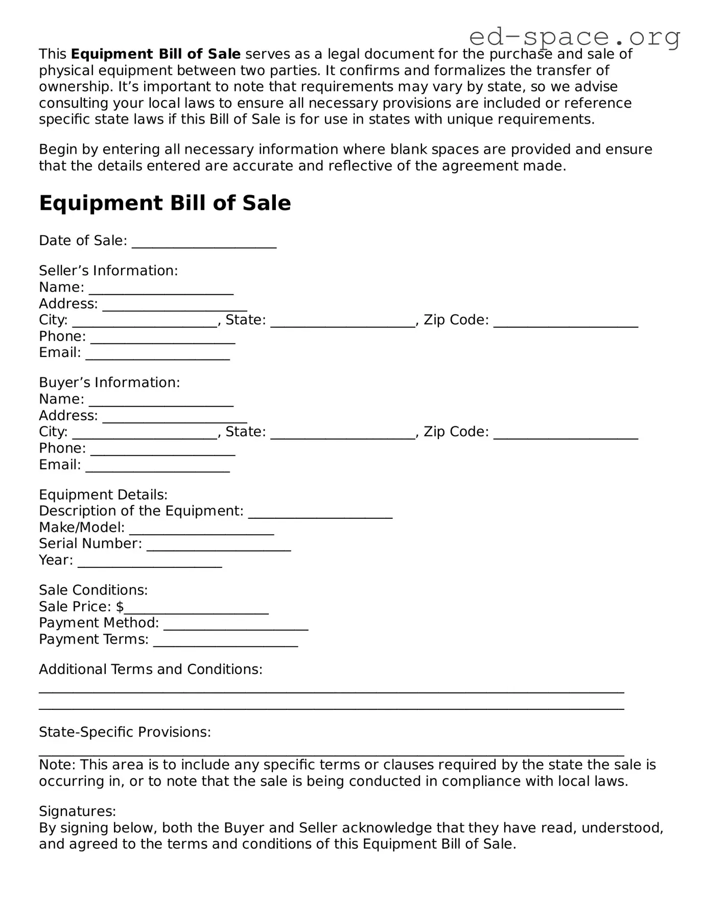Fillable Equipment Bill of Sale Template
