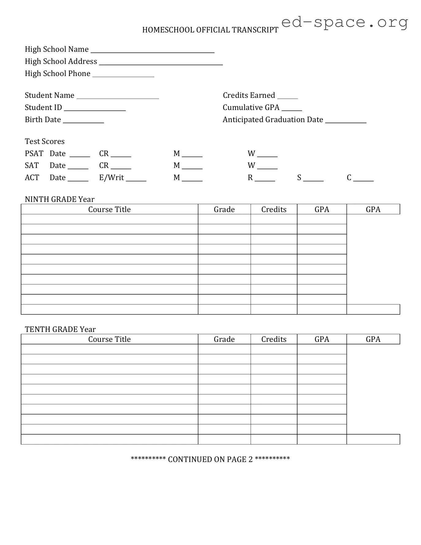 Blank High School Transcript PDF Form
