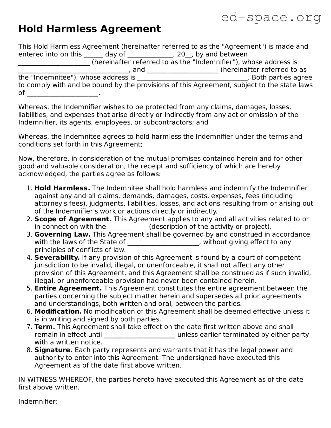 Fillable Hold Harmless Agreement Template