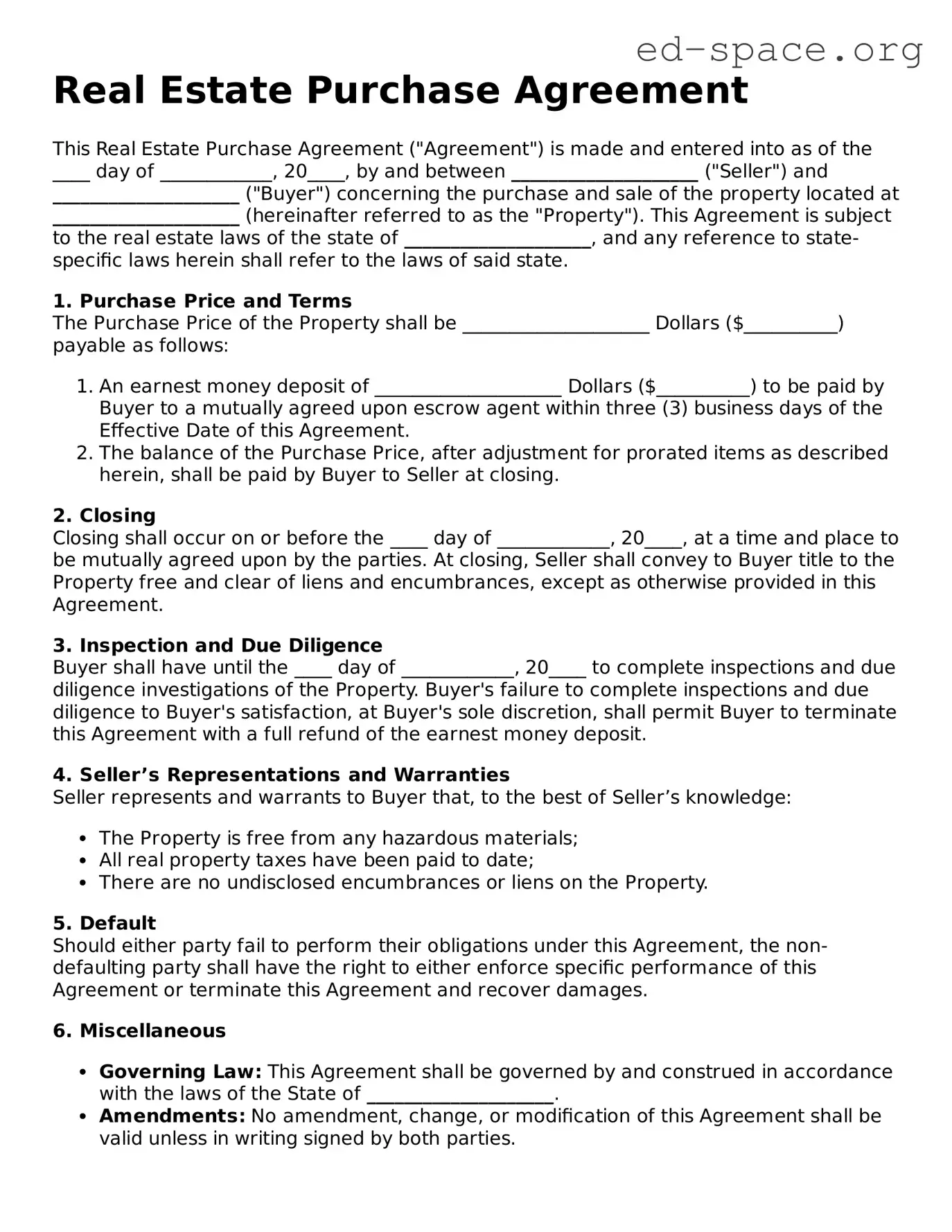 Fillable Real Estate Purchase Agreement Template