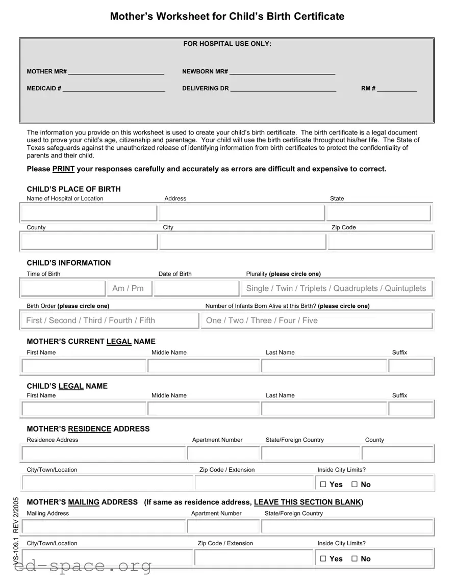 Blank Child Birth Certificate Texas PDF Form