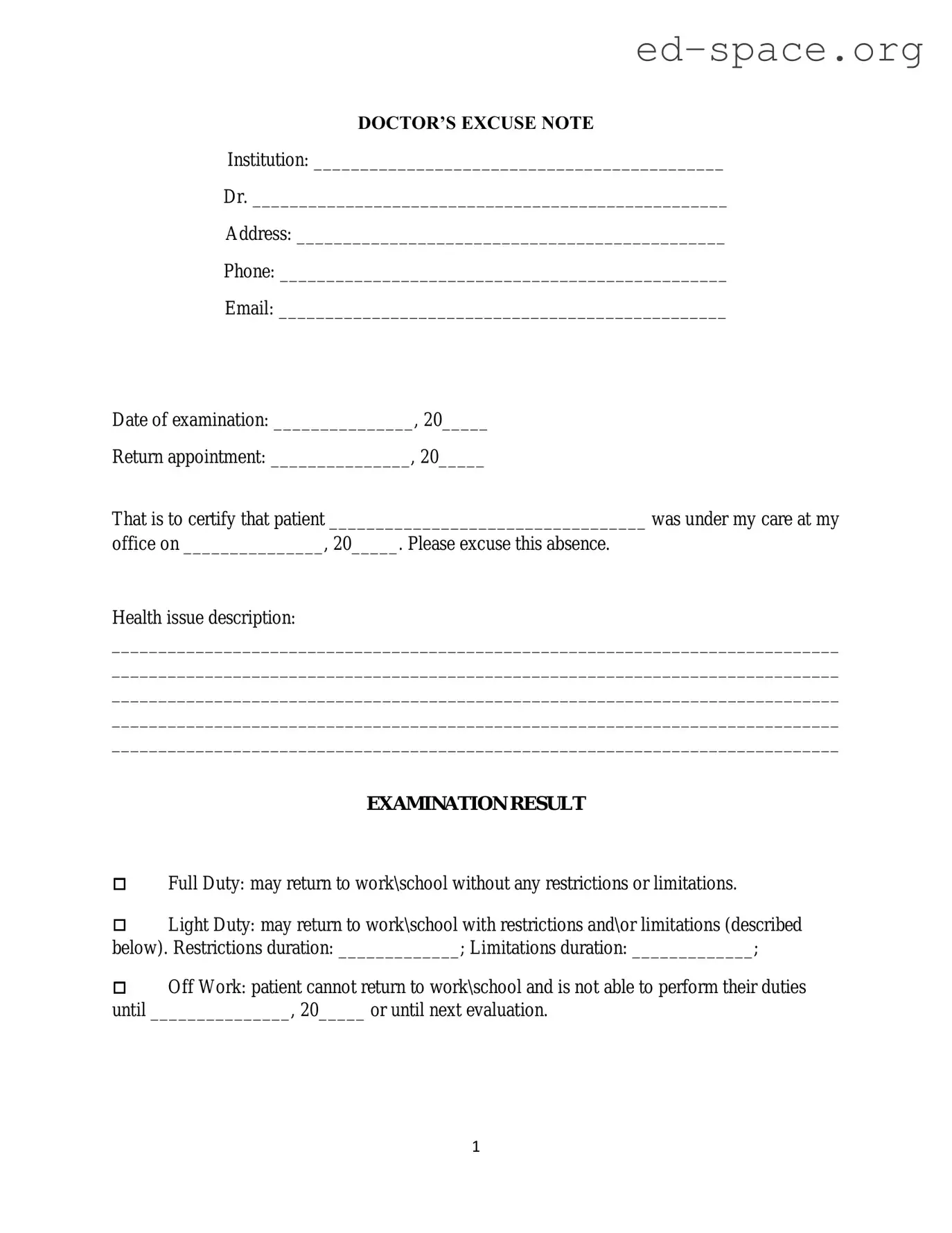 Blank Doctors Excuse Note PDF Form