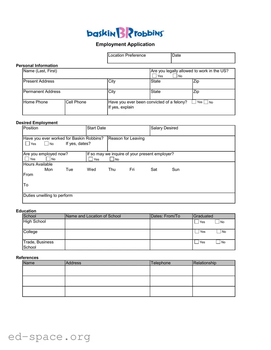 Blank Baskin Robbins Job PDF Form