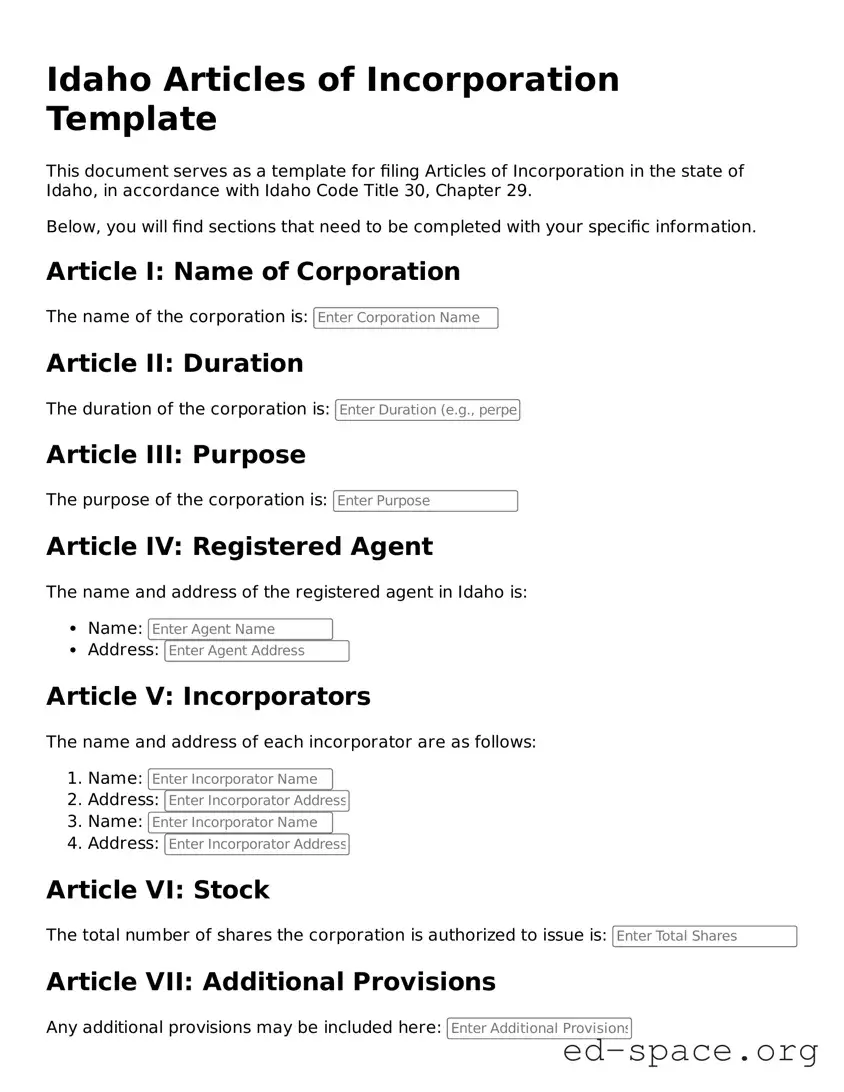 Free  Articles of Incorporation Form for Idaho