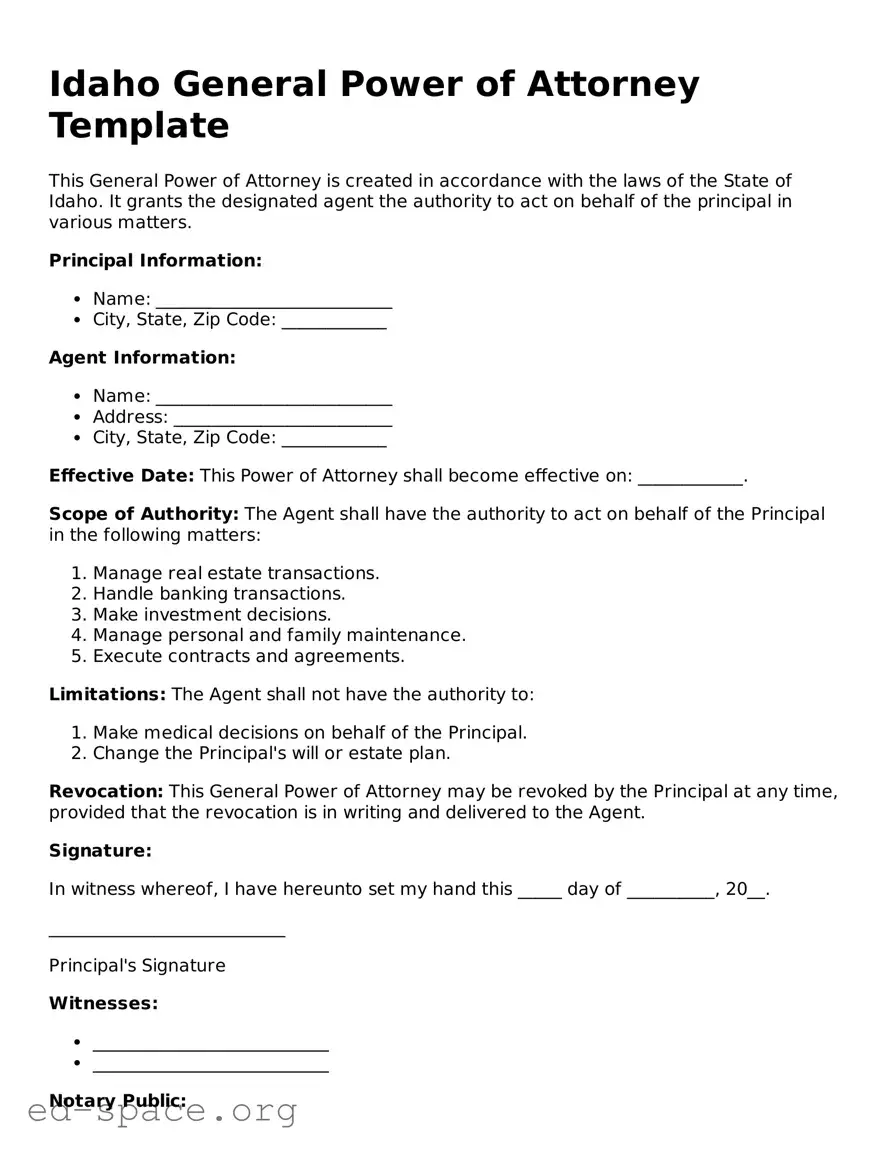 Free  General Power of Attorney Form for Idaho