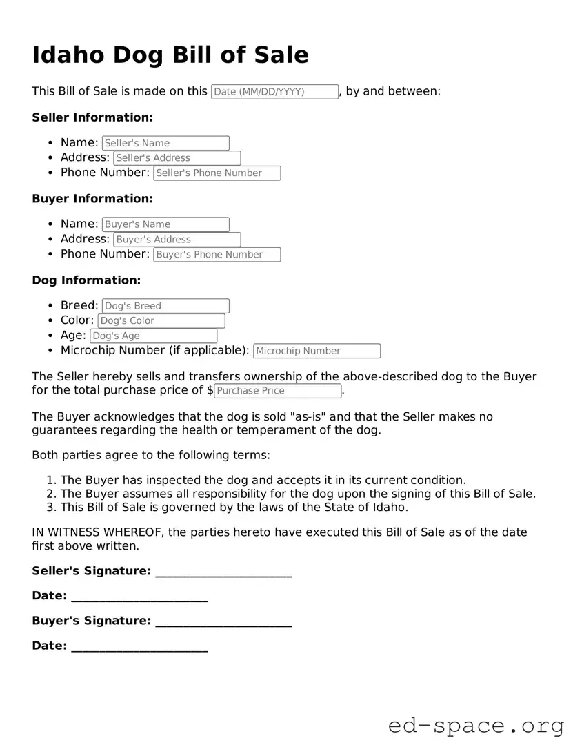 Free  Dog Bill of Sale Form for Idaho