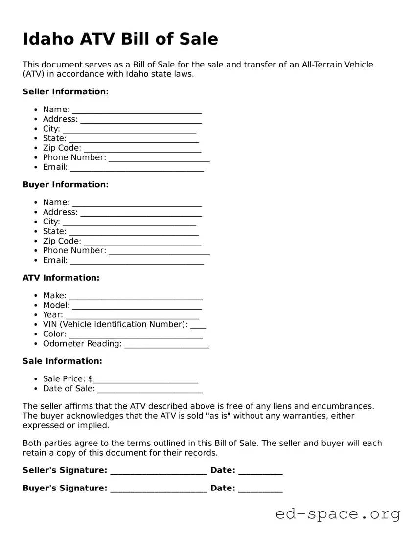 Free  ATV Bill of Sale Form for Idaho