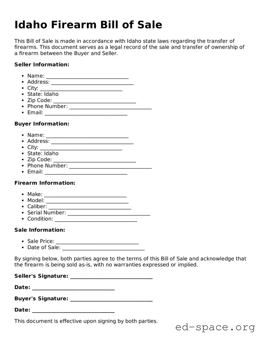 Free  Firearm Bill of Sale Form for Idaho