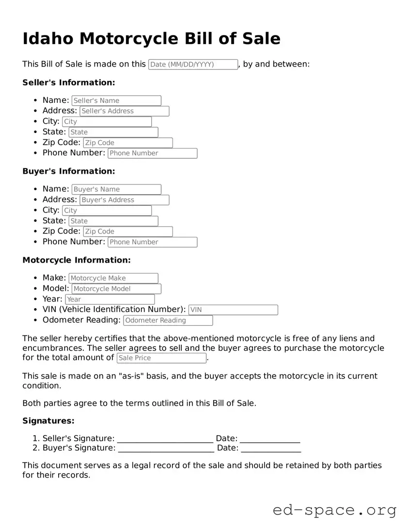 Free  Motorcycle Bill of Sale Form for Idaho