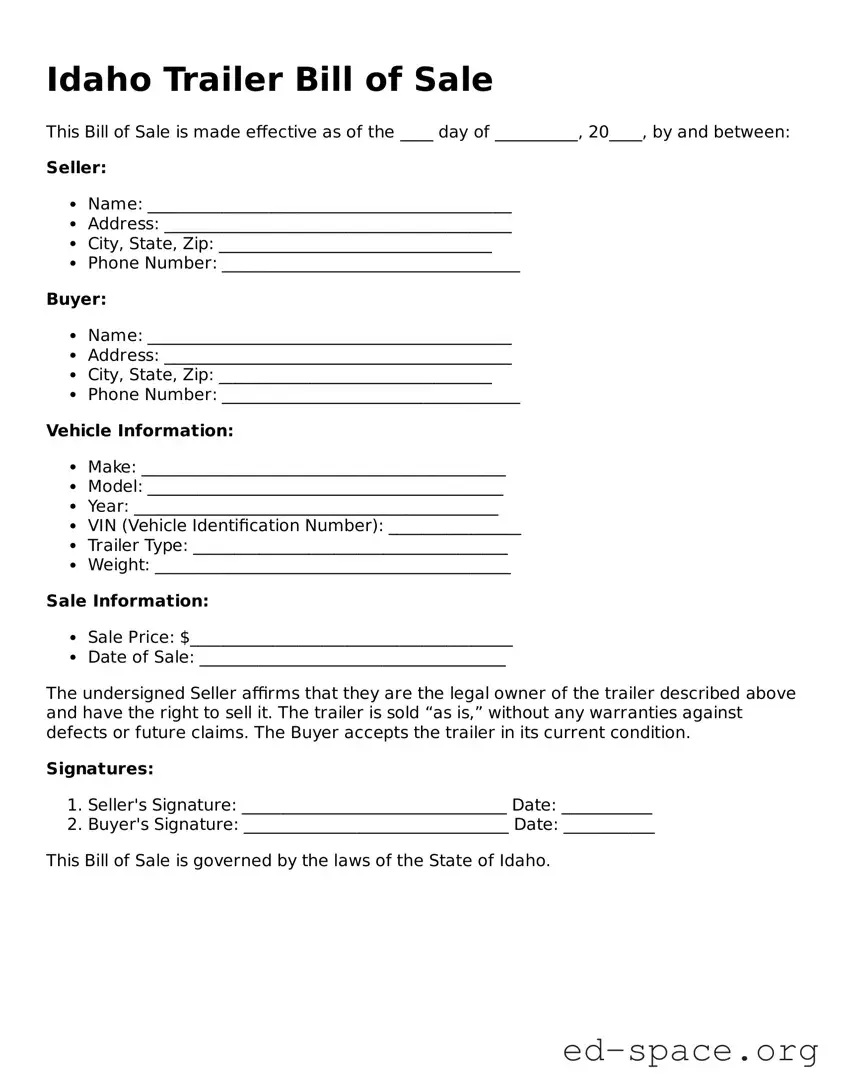 Free  Trailer Bill of Sale Form for Idaho