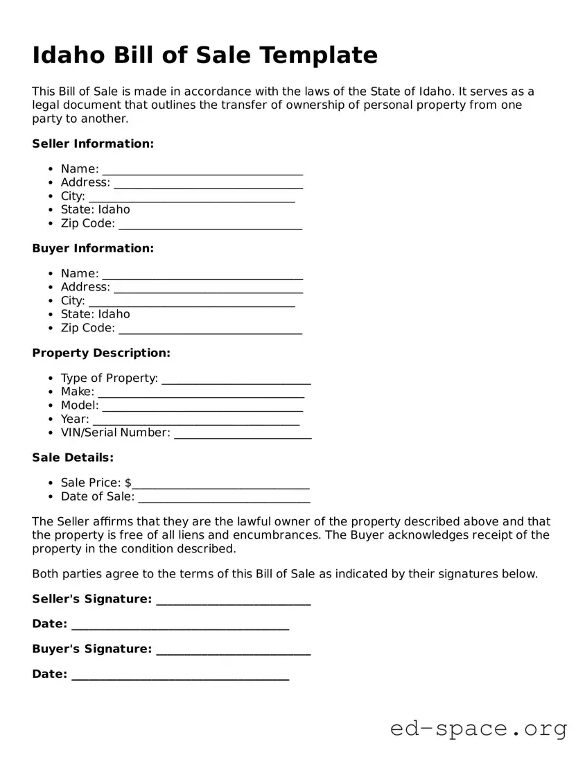 Free  Bill of Sale Form for Idaho